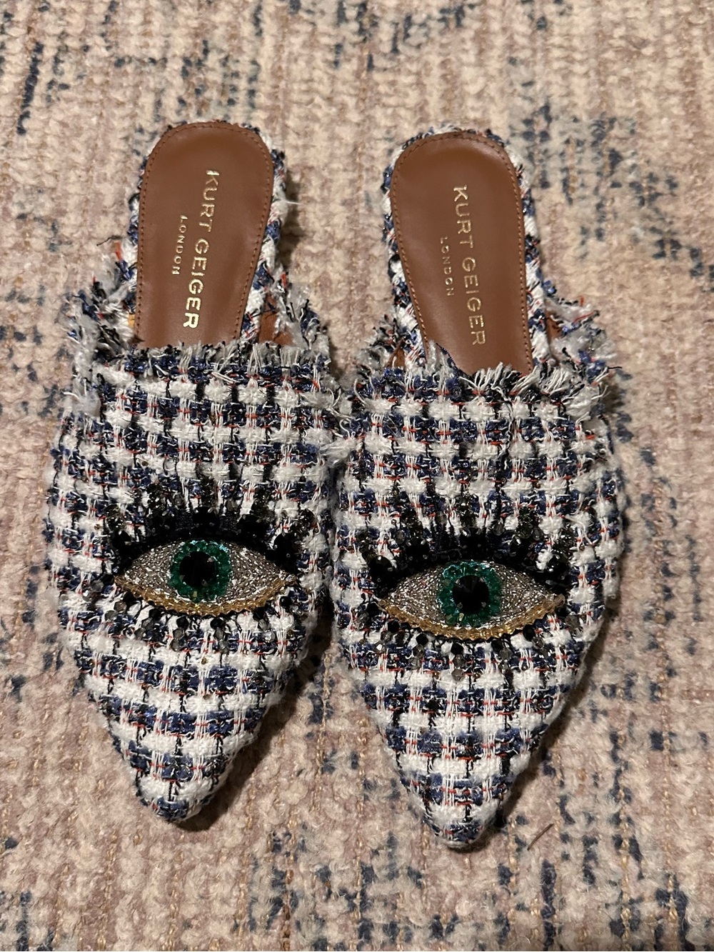 Kurt Geiger Navy and White Tweed Pointed Eye Mules